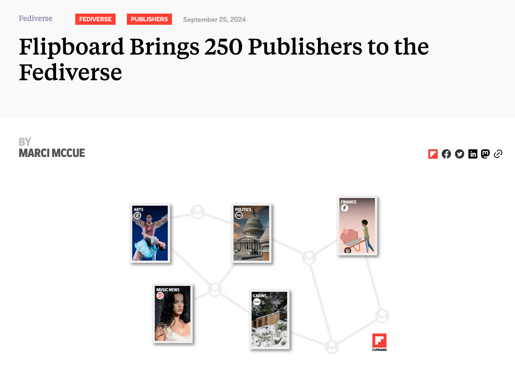 A blogpost titled: "Flipboard brings 250 publishers to the fediverse."