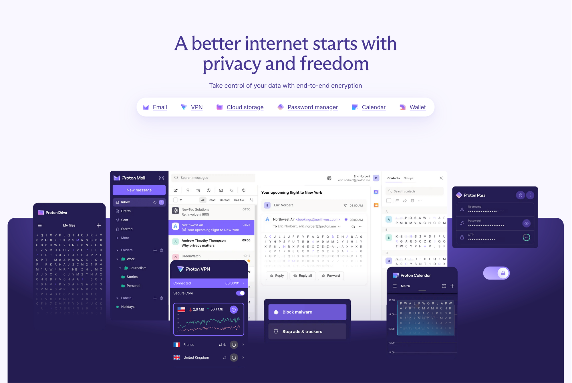 An overview showing the Proton Mail, Calendar, Drive, VPN, Pass apps.