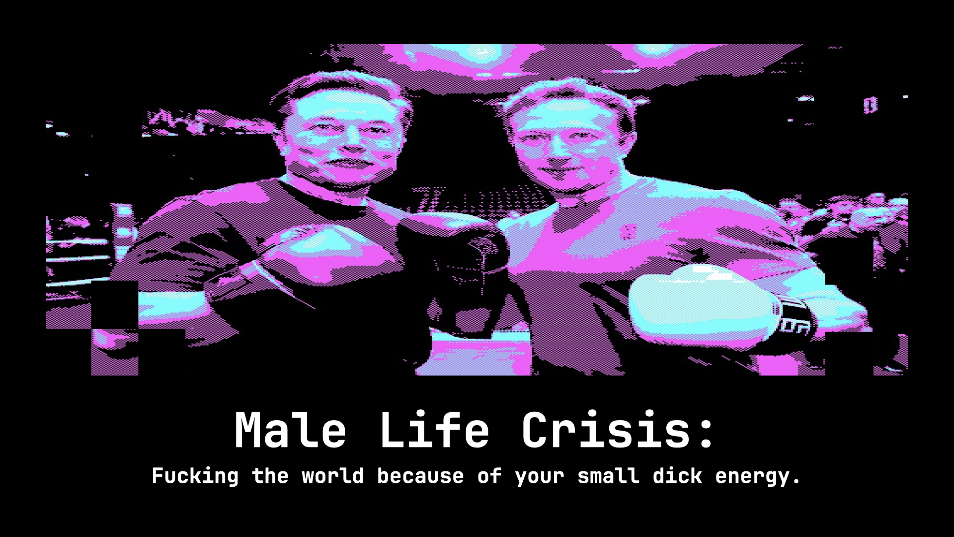 A pixelated photo of Elon Musk & Mark Zuckerberg wearing boxing gloves. It says: "Male Life Crisis: fucking the world because of your small dick energy."