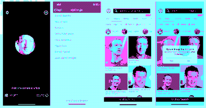 Pixelated screenshot of the Clearview interface, showing a bunch of photos of Mark Zuckerberg