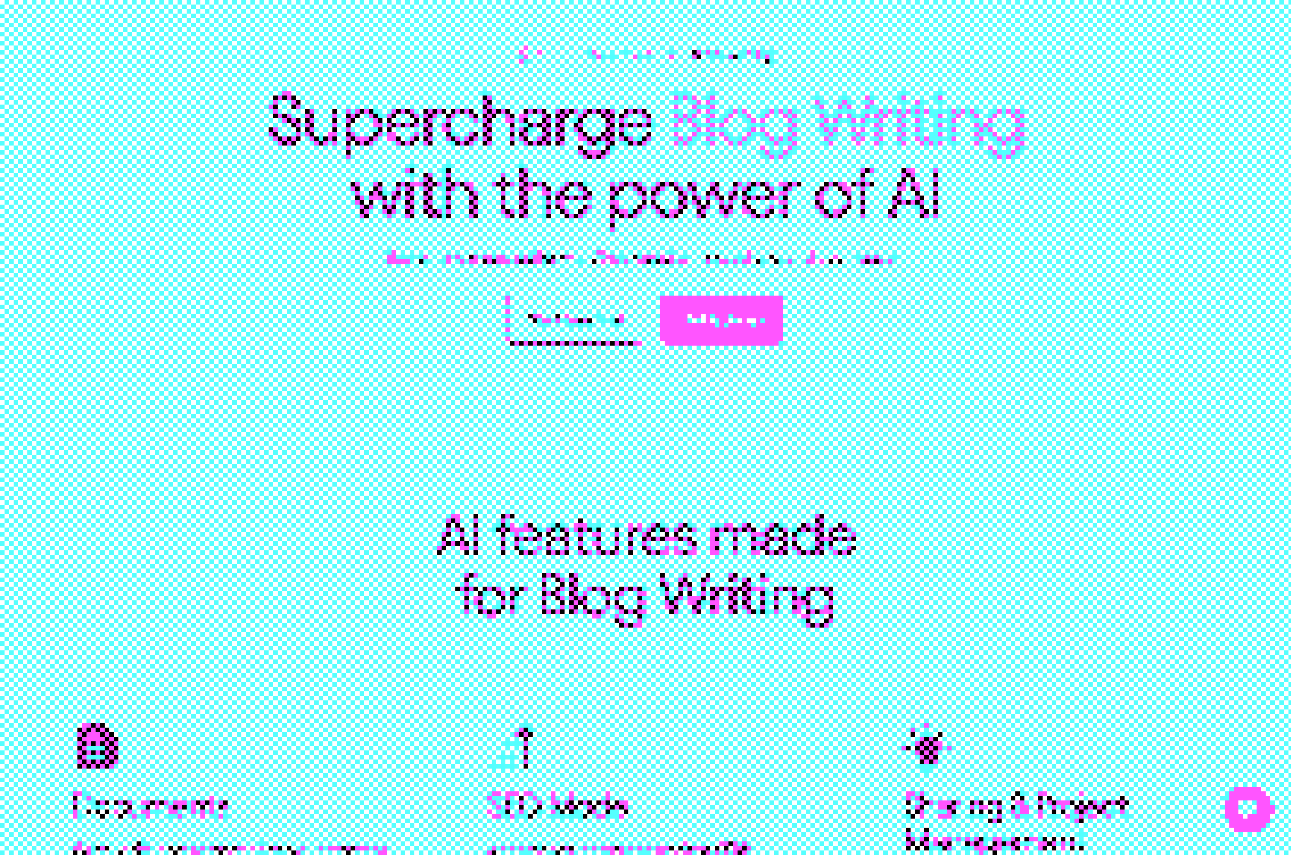 A pixelated screenshot of the Jasper AI website. Its claim: 'Supercharge blow writing with the power of AI.'