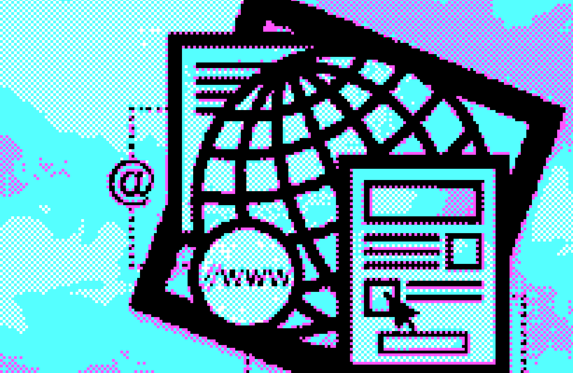 Pixelated version of the Microsoft Frontpage 95 boot screen. It shows: @, www, and a globe. 