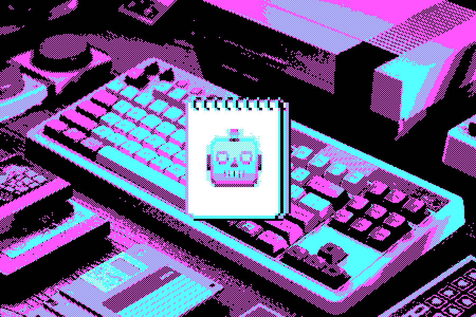 Pixelated photo of a retro keyboard. It also display a MS Notepad icon, with a robot emoji on it.