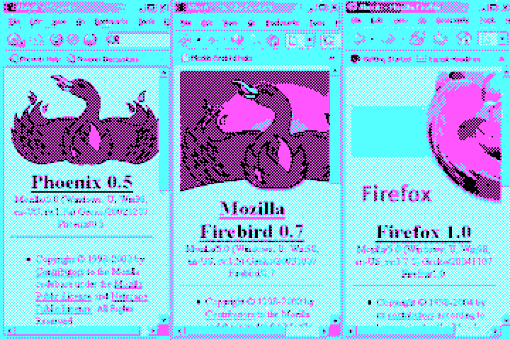 3 browser windows, showing Phoenix 0.5, Mozilla Firebird 0.7, and Firefox 1.0.