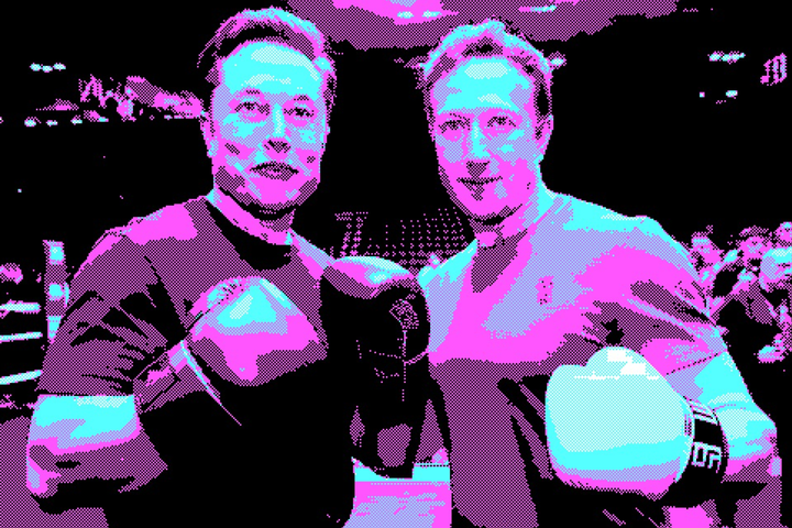 Elon Musk & Mark Zuckerberg, wearing boxing gloves. (Pixelated.)