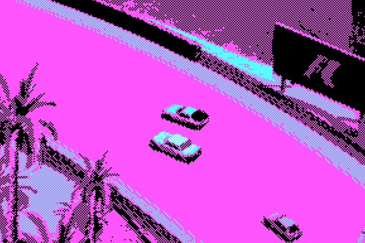 A pixelated screenshot of 3 cars making a turn.