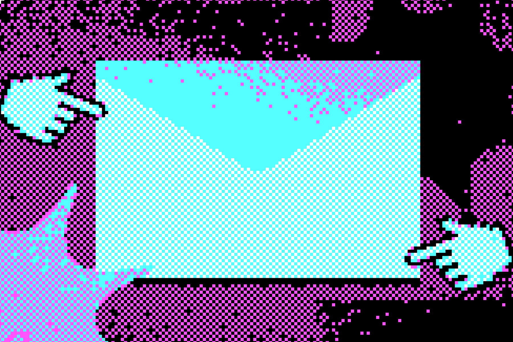 A pixelated envelop, with fingers pointed towards it.