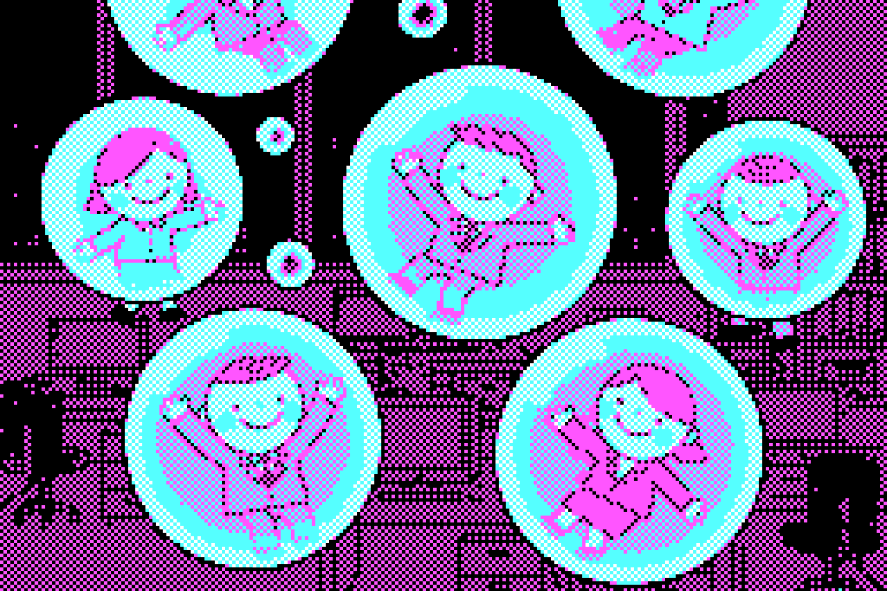 Een gepixelde kinderillustratie van een hoop zakenmensjes die in een zeepbel zweven.