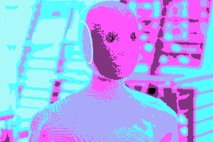 Een gepixelde foto van de Neo-robot met creepy knoop-ogen.