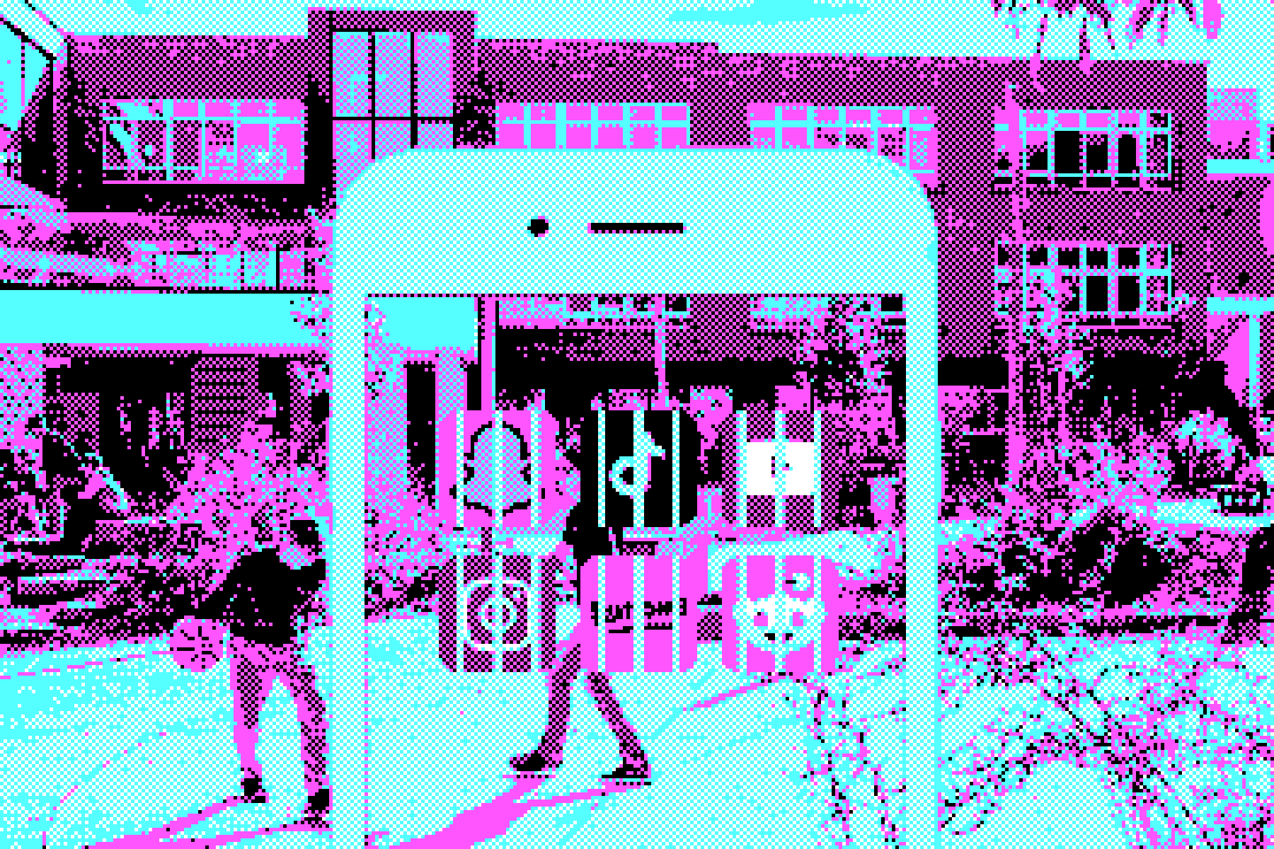 Een gepixelde foto van een speelplaats, met daarop een smartphone met sociale media-apps. De apps zitten in een gevangenis.