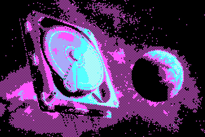 Een gepixelde afbeelding van een vliegende hard schijf, als een sateliet rond de aarde.