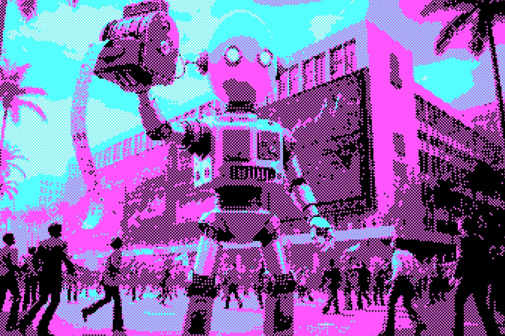 Een robot met een ei-hoofd die voor chaos zorgt op Wall Street.